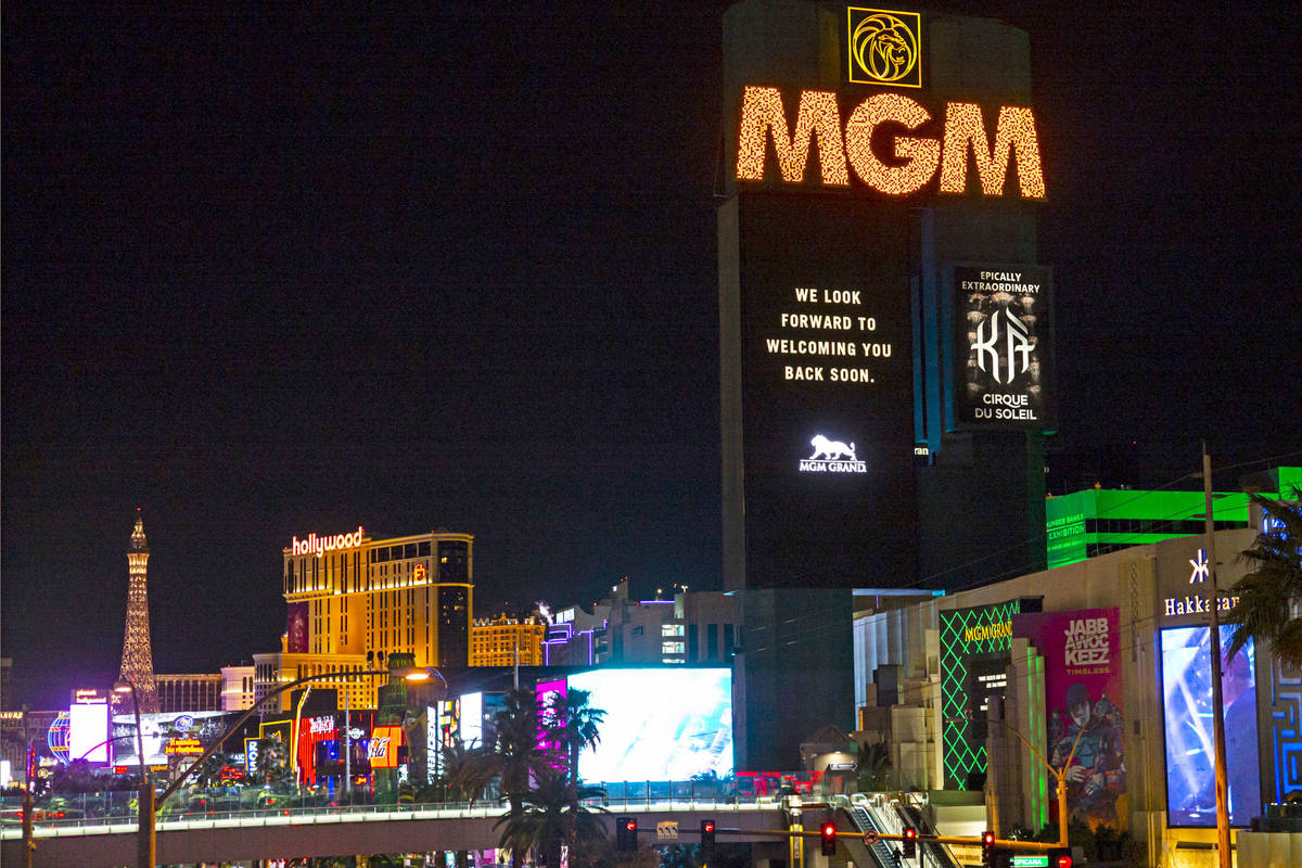 Signage indicates the temporary closure of the MGM Grand in Las Vegas on Monday, March 16, 2020 ...