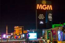 Signage indicates the temporary closure of the MGM Grand in Las Vegas on Monday, March 16, 2020 ...