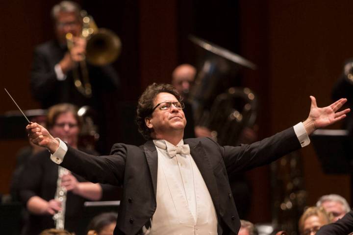 Music Director Donato Cabrera salutes the audience before the start of a performance by the Las ...