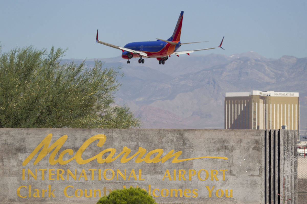 A Southwest Airlines jetliner makes its approach to McCarran International Airport in Las Vegas ...