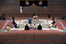 Hakuho (L) takes on fellow grand champion Kakuryu on the 15th day of the Spring Grand Sumo Tour ...
