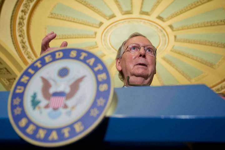 Senate Majority Leader Mitch McConnell of Ky. speaks during a news conference on Capitol Hill i ...