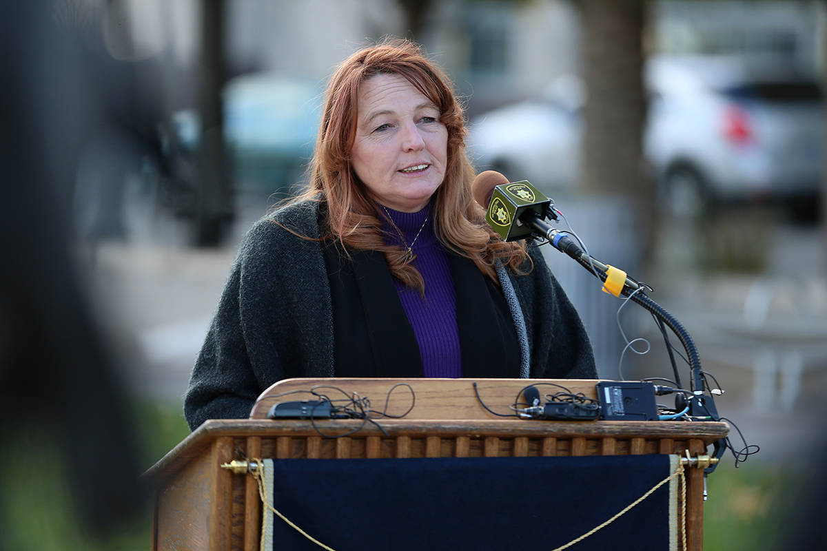 Clark County Commissioner Marilyn Kirkpatrick speaks during a press conference at Symphony Park ...