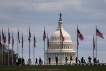 People walk among U.S. flags with the U.S. Capitol in the background, Sunday, March 15, 2020, i ...