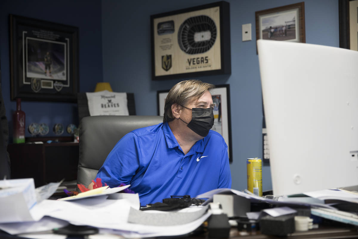 Steve Medius, president of Polar Shades, works at his office in Las Vegas, Monday, March 23, 20 ...