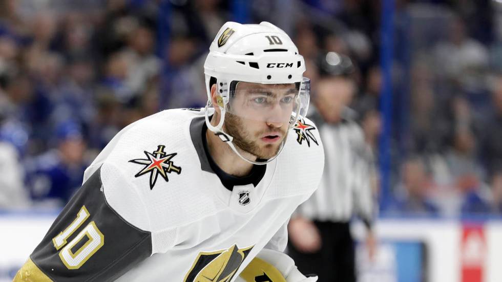 Vegas Golden Knights center Nicolas Roy (10) during the first period of an NHL hockey game agai ...