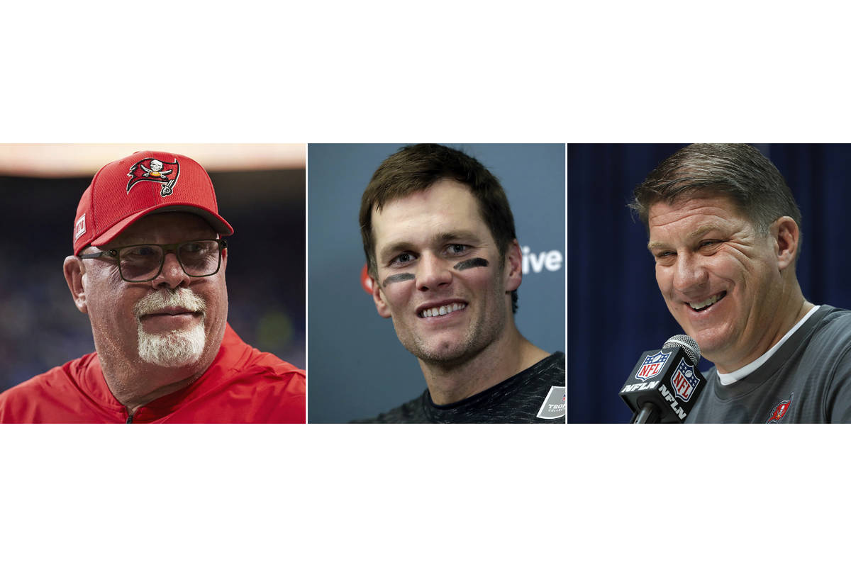 FILE - From left are file photos showing Bruce Arians, Tom Brady and Jason Licht. The Tampa Bay ...