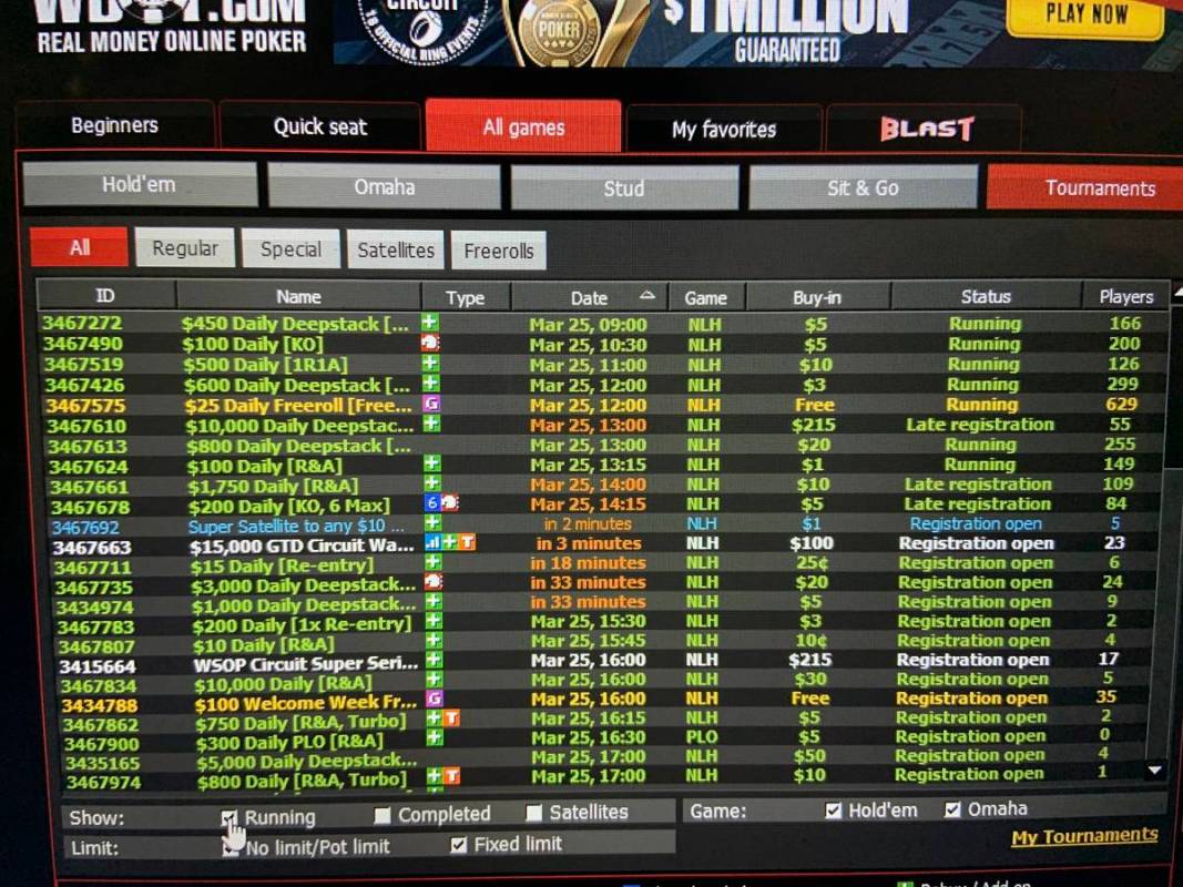 The lobby on WSOP.com shows several tournaments running Wednesday. (Jim Barnes/Las Vegas Review ...