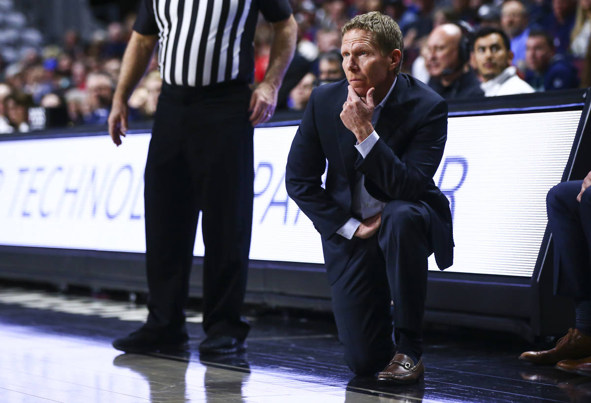 Gonzaga Bulldogs head coach Mark Few looks on during the first half of the West Coast Conferenc ...