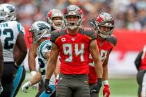 Tampa Bay Buccaneers linebacker Carl Nassib (94) reacts during the second quarter of an NFL foo ...