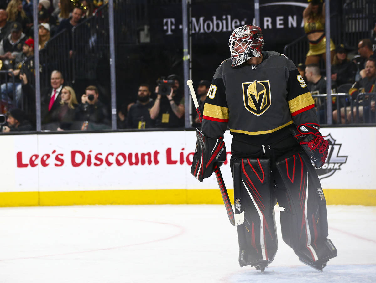 Golden Knights goaltender Robin Lehner (90) looks on during the second period of an NHL hockey ...