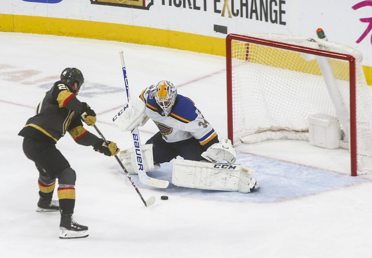 Golden Knights' Chandler Stephenson (20) lines up his game-winning shot against St. Louis Blues ...