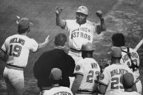 FILE - In this 1972 file photo, Houston Astros' Jimmy Wynn, top, is greeted at the plate after ...
