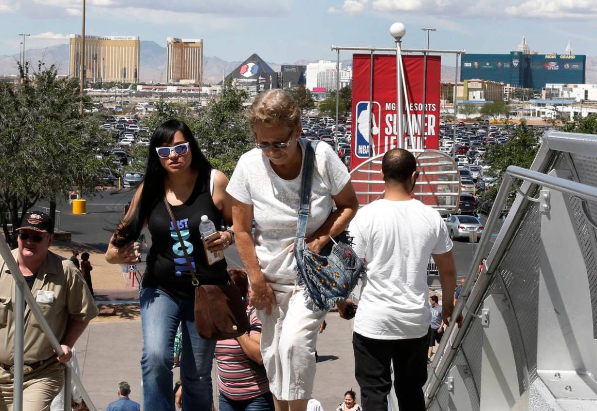 Culinary and bartender union workers arrive at the Thomas and Mack Center in Las Vegas on Tuesd ...