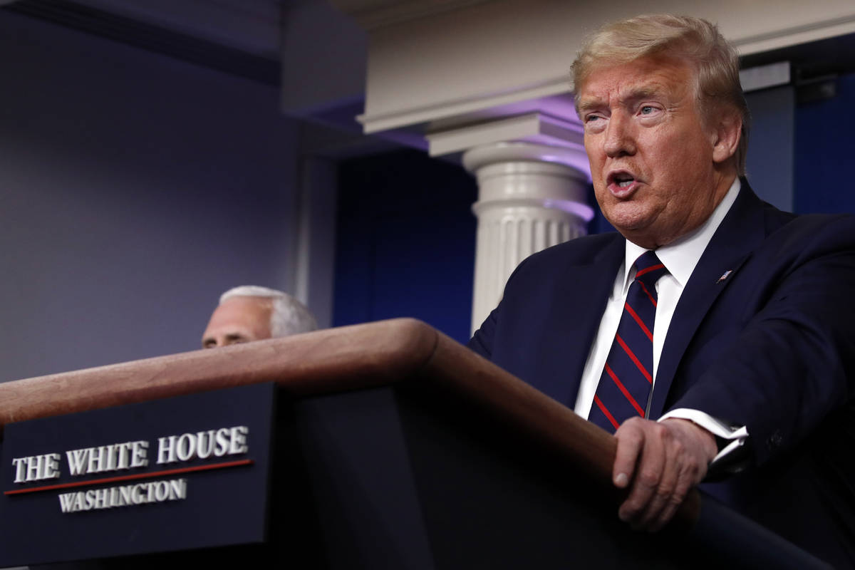 President Donald Trump speaks about the coronavirus in the James Brady Press Briefing Room, Fri ...