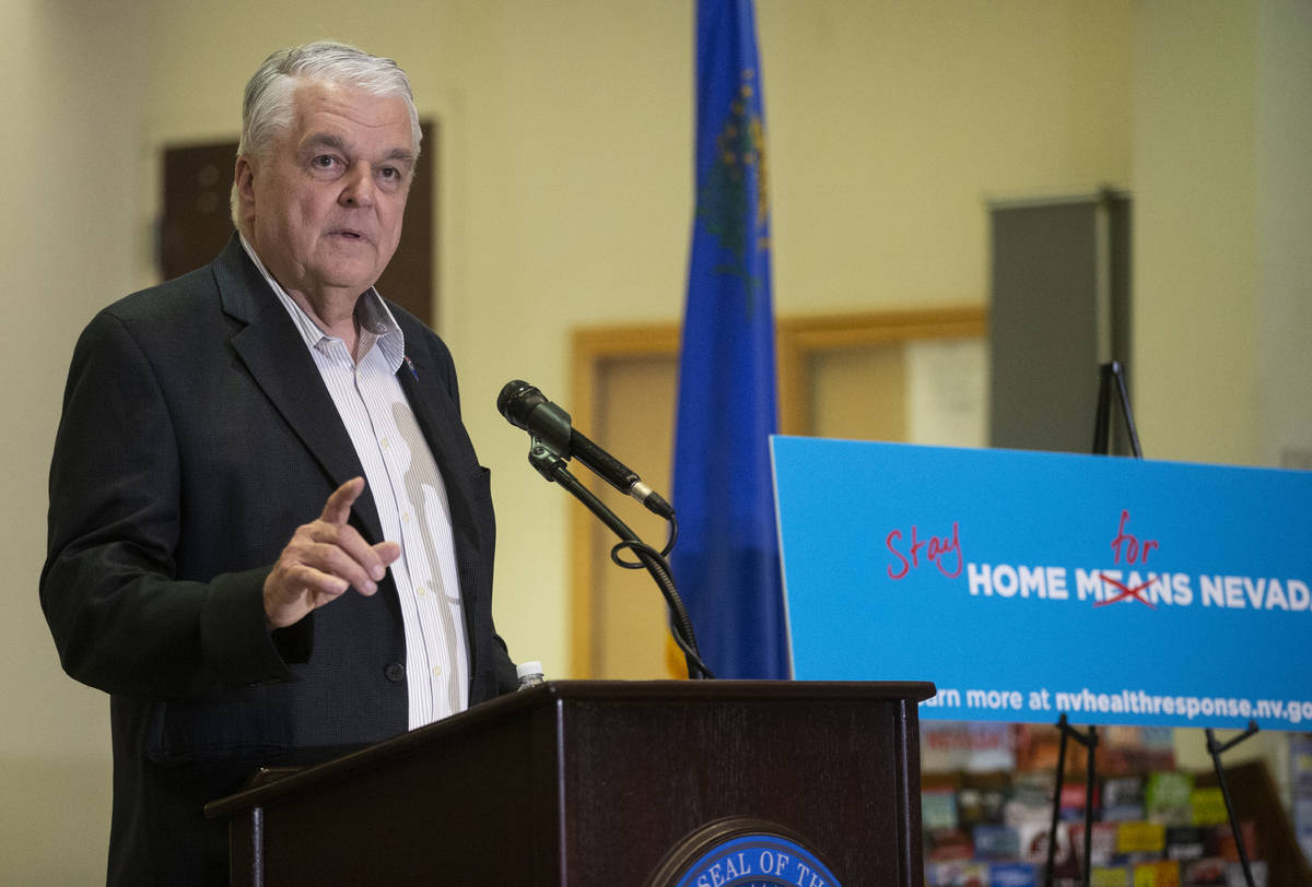 Gov. Steve Sisolak speaks during a press conference to announce the closure of all non-essentia ...