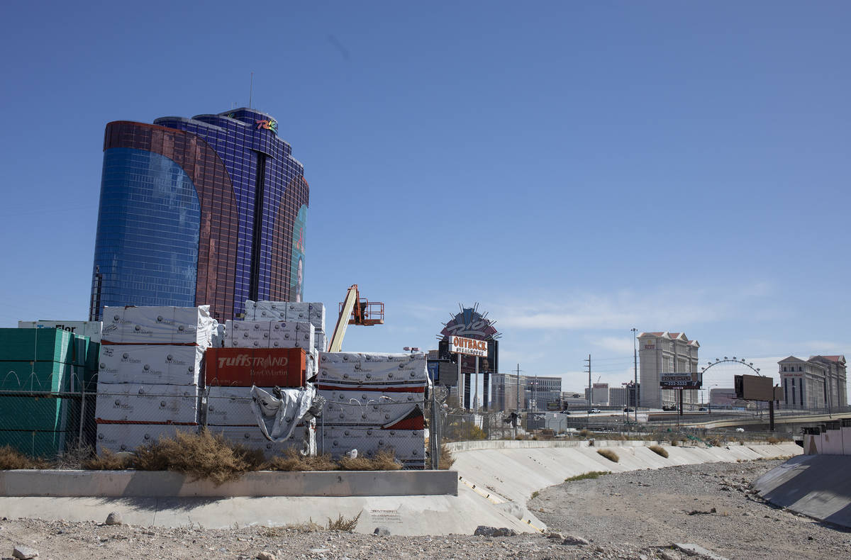 The Rio and a section of the Strip is behind a construction site on Friday, March 27, 2020, in ...