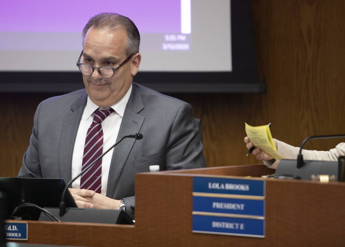 Clark County School District superintendent Jesus Jara reacts to a comment from a community mem ...