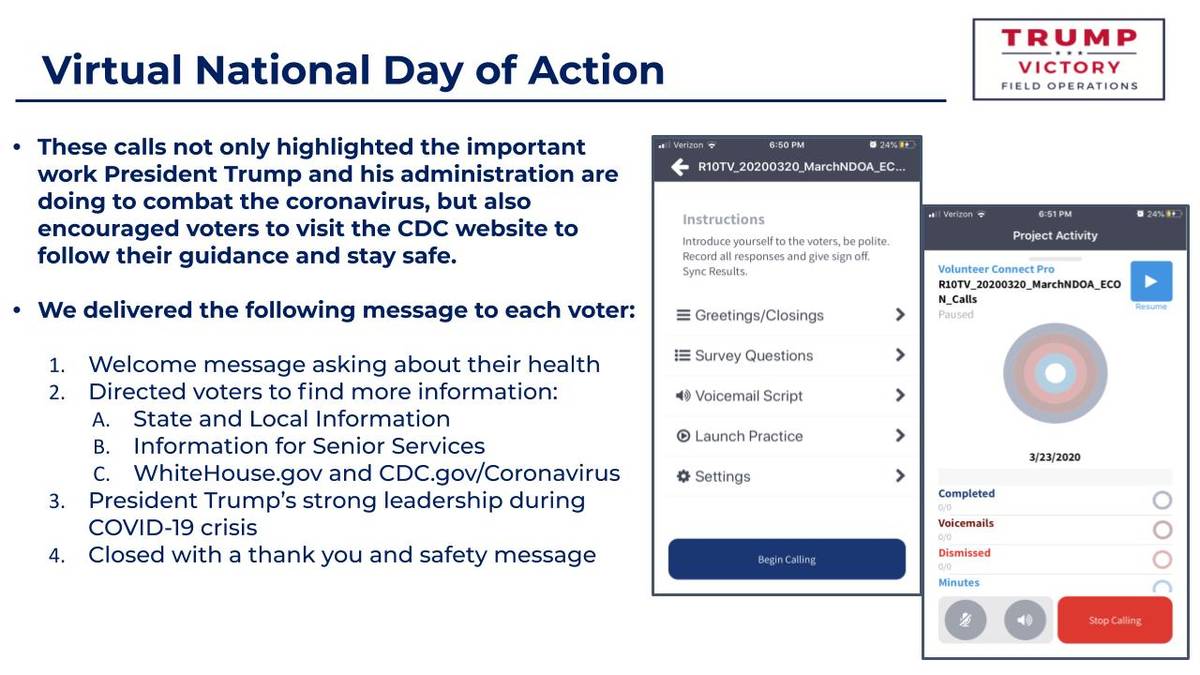 A Google Slide showing instructions for volunteers making calls to voters for President Trump's ...