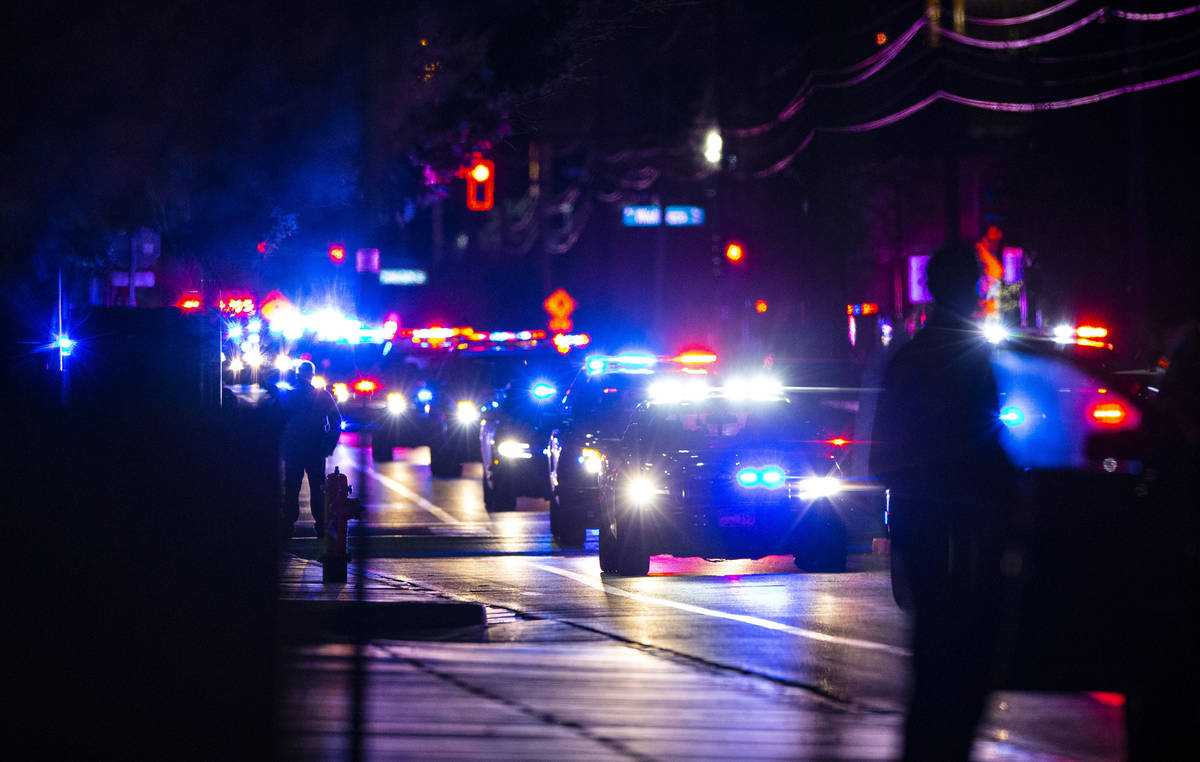 Law enforcement officers lead a procession for White Pine County Nevada Highway Patrol trooper ...