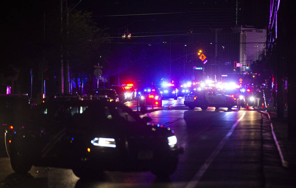 Law enforcement officers lead a procession for White Pine County Nevada Highway Patrol trooper ...