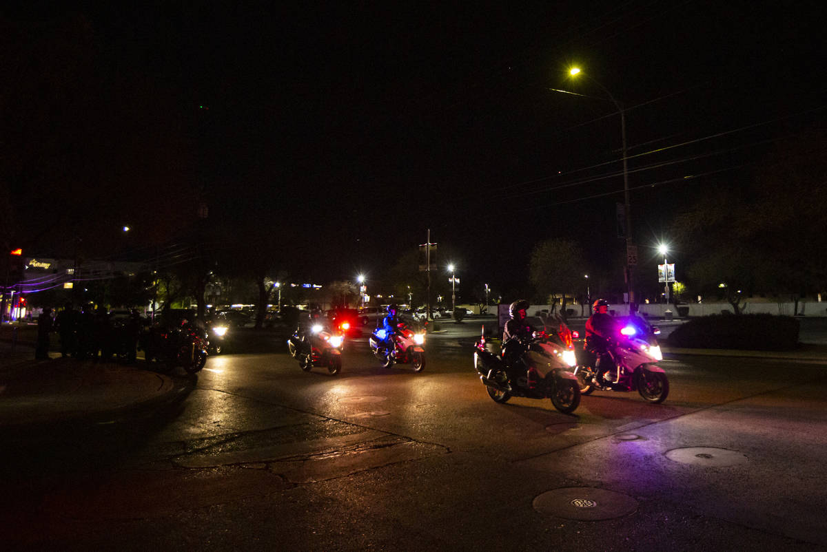 Law enforcement officers lead a procession for White Pine County Nevada Highway Patrol trooper ...