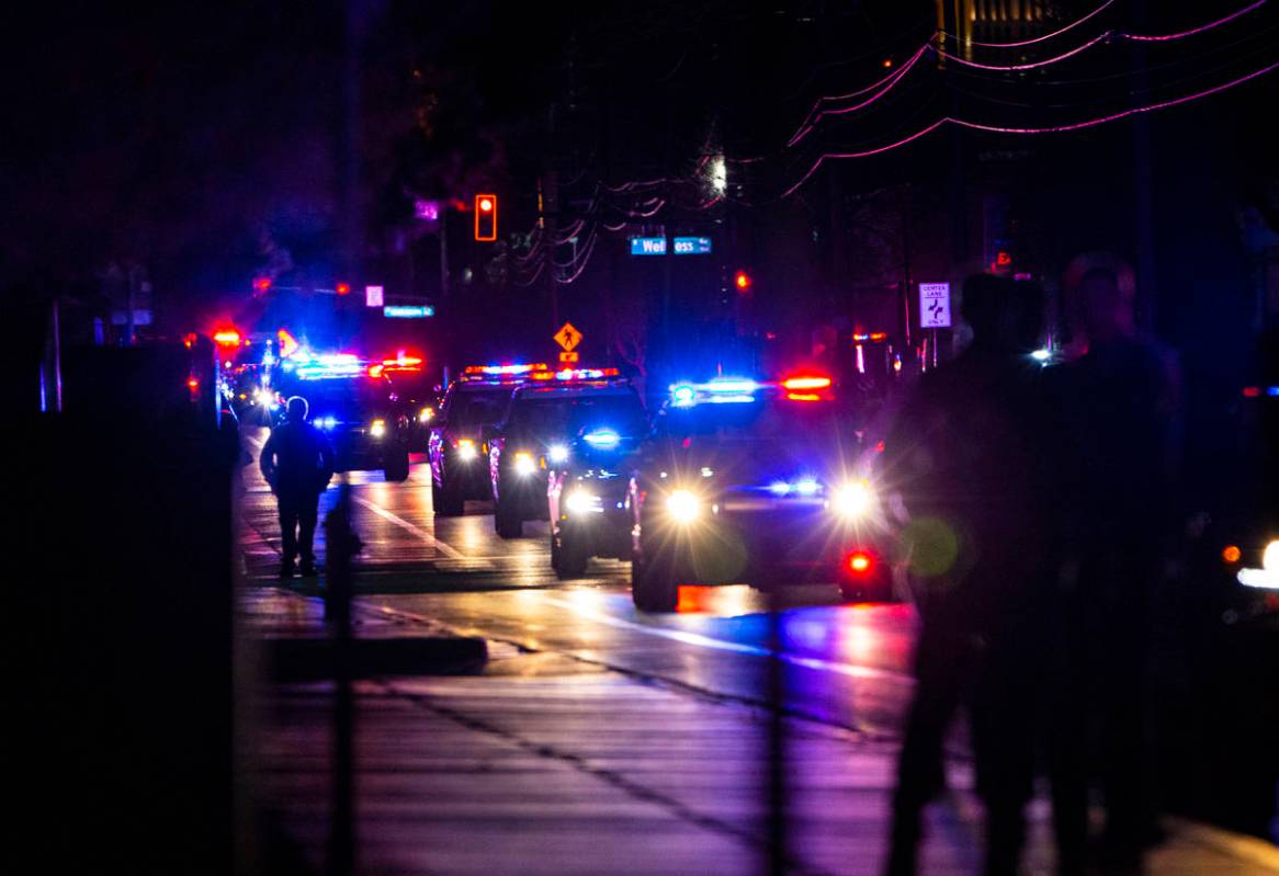 Law enforcement officers lead a procession for White Pine County Nevada Highway Patrol trooper ...