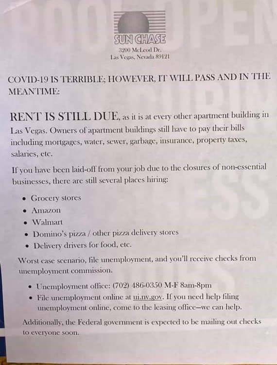 A notice from Sun Chase Apartments