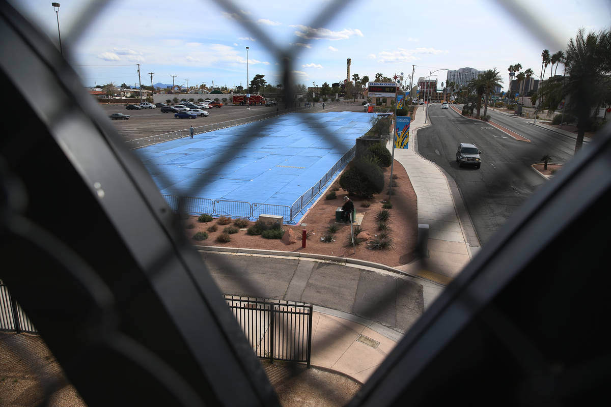 A temporary homeless shelter at the Cashman Field parking lot in Las Vegas, Saturday, March 28, ...