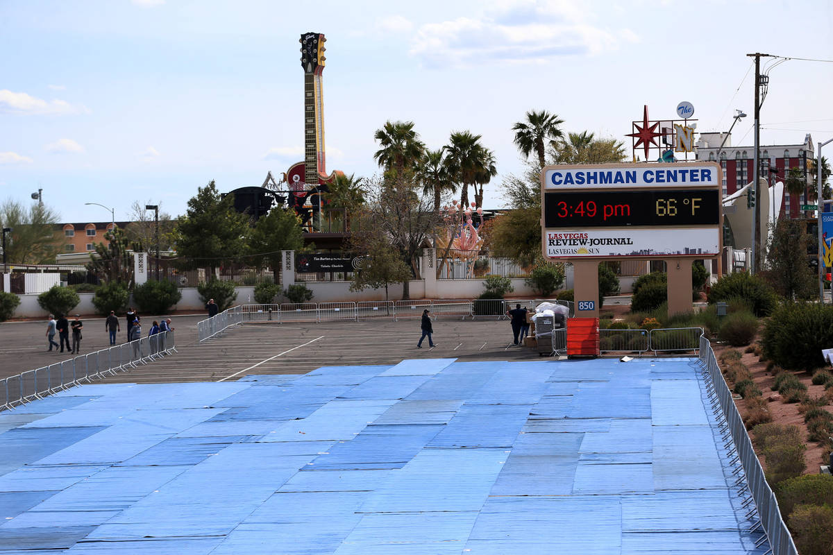 A temporary homeless shelter at the Cashman Field parking lot in Las Vegas, Saturday, March 28, ...