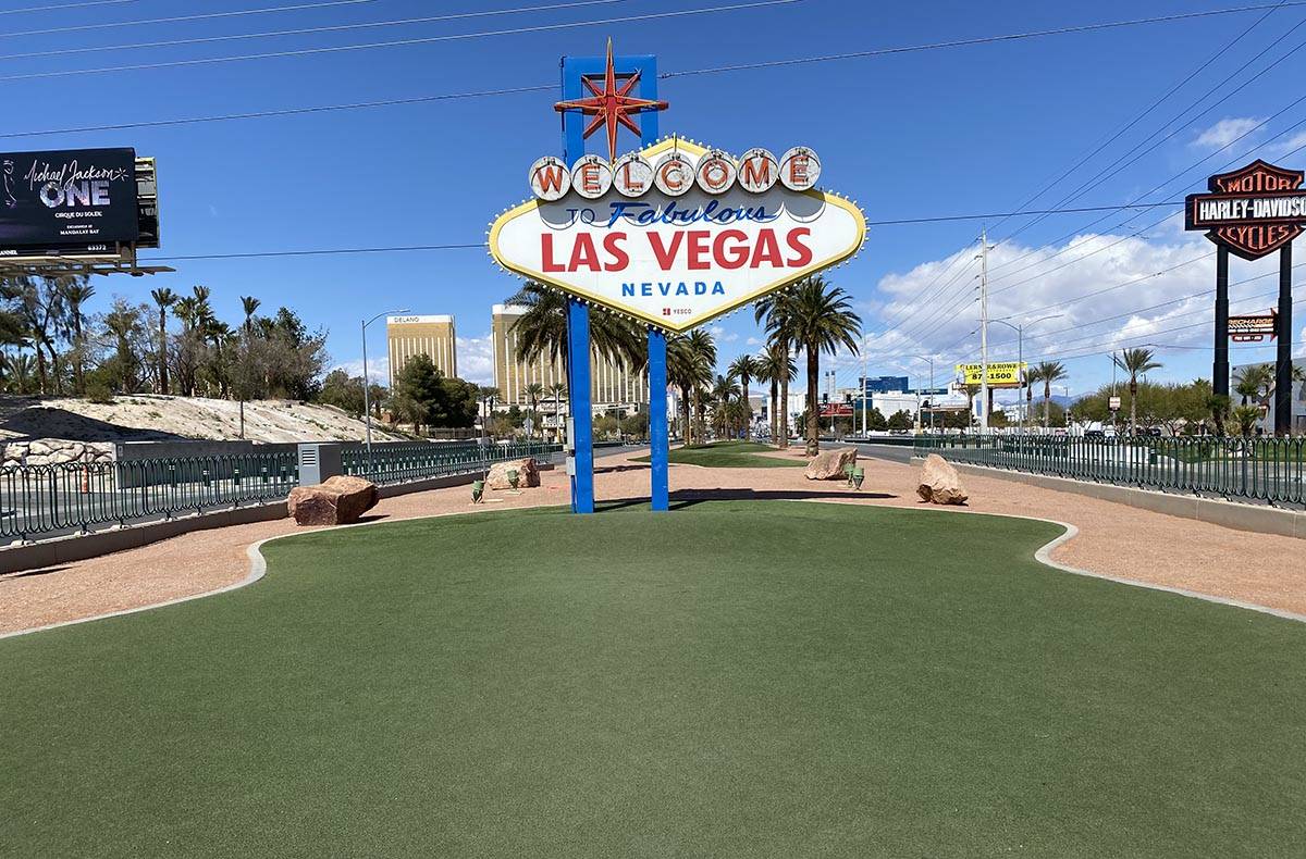 The famous Welcome to Fabulous Las Vegas sign is shown on Friday, March 27, 2020. (John Katsilo ...