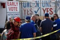 People wait in line to vote early at the Culinary Workers union Monday, Feb. 17, 2020, in Las V ...