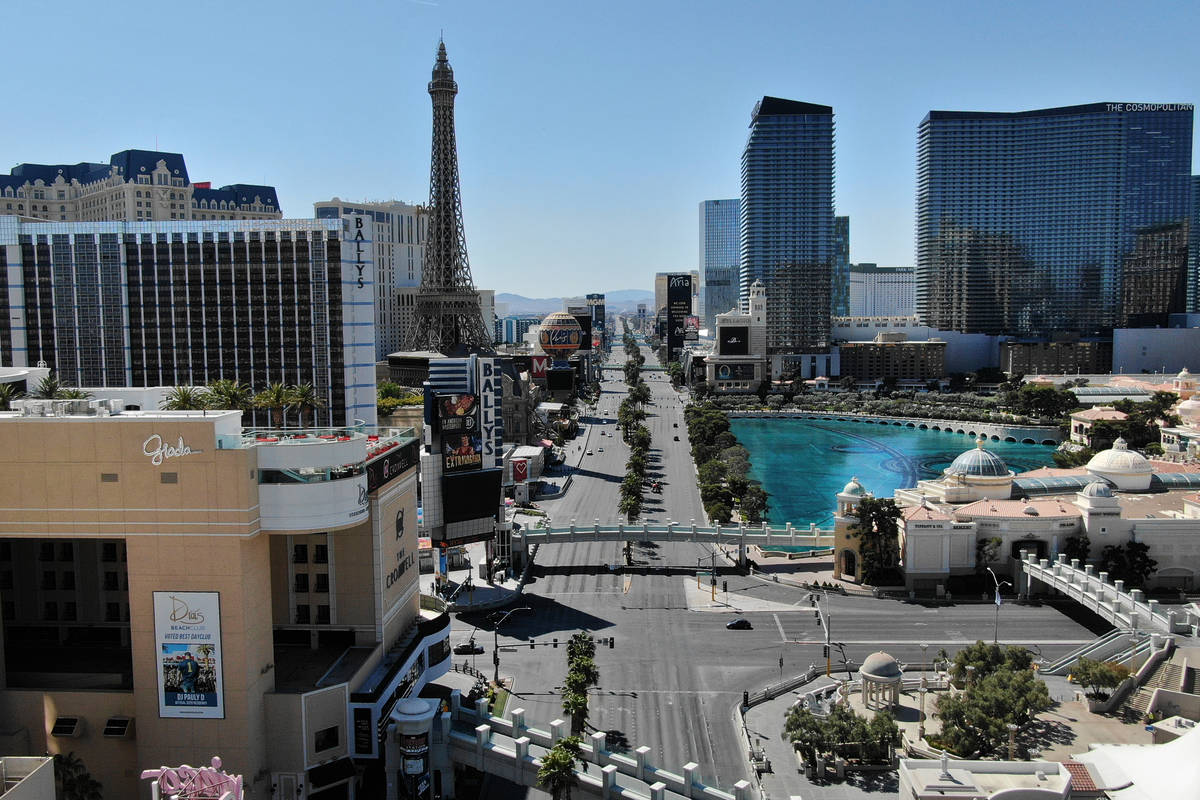 An aerial photo of the Las Vegas Strip after all Las Vegas casinos have been shut down during t ...