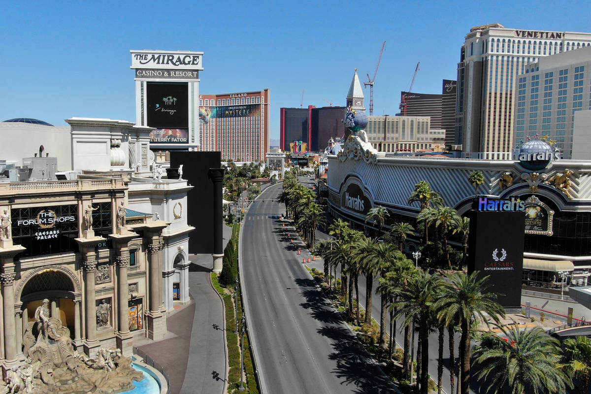 An aerial photo of the Las Vegas Strip after all Las Vegas casinos have been shut down during t ...