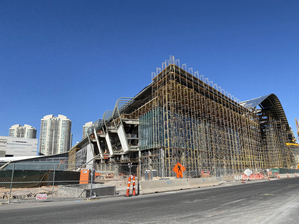 Work continues Monday, March 30, 2020, on the Las Vegas Convention Center in Las Vegas. (Mick A ...
