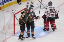 Vegas Golden Knights left wing Max Pacioretty (67) celebrates a score with right wing Mark Ston ...