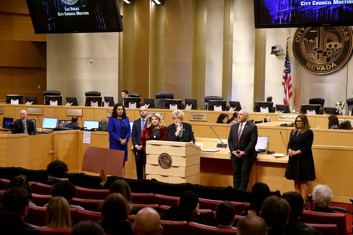 People seeking to attend the Las Vegas City Council meeting in person Wednesday, April 1, 2020, ...