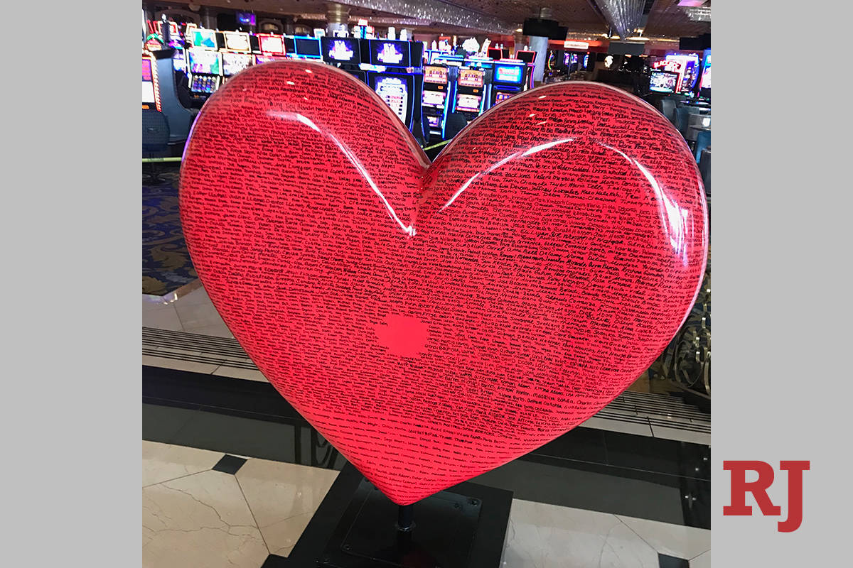 The heart at the entrance of Westgate Las Vegas, with 2,200 employees' hand-written names, is s ...