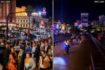 A crowd wanders along the Las Vegas Strip on Oct. 11, 2016. On April 1, just a few people move ...