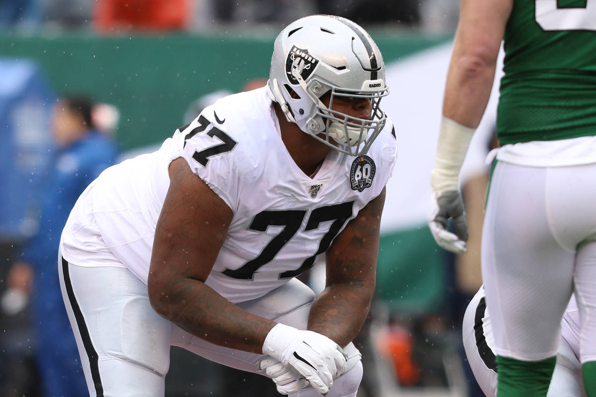 Oakland Raiders offensive tackle Trent Brown (77) sets on the line scrimmage opposite New York ...