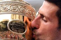 In this July 14, 2019, file photo, Serbia's Novak Djokovic kisses the trophy during the present ...