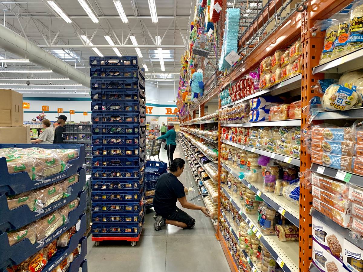 Loafs of bread are stocked at WinCo Foods on N Stephanie Street in Henderson on Tuesday morning ...