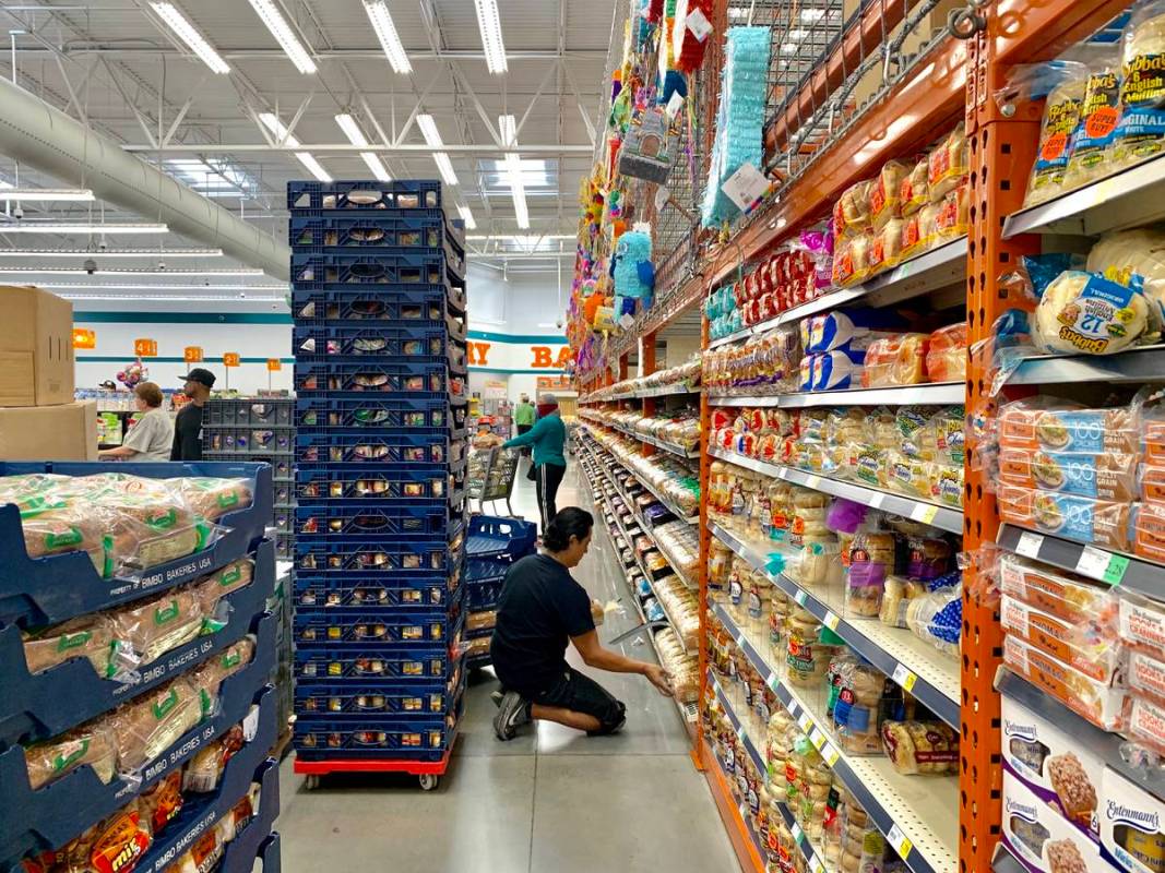 Loafs of bread are stocked at WinCo Foods on N Stephanie Street in Henderson on Tuesday morning ...