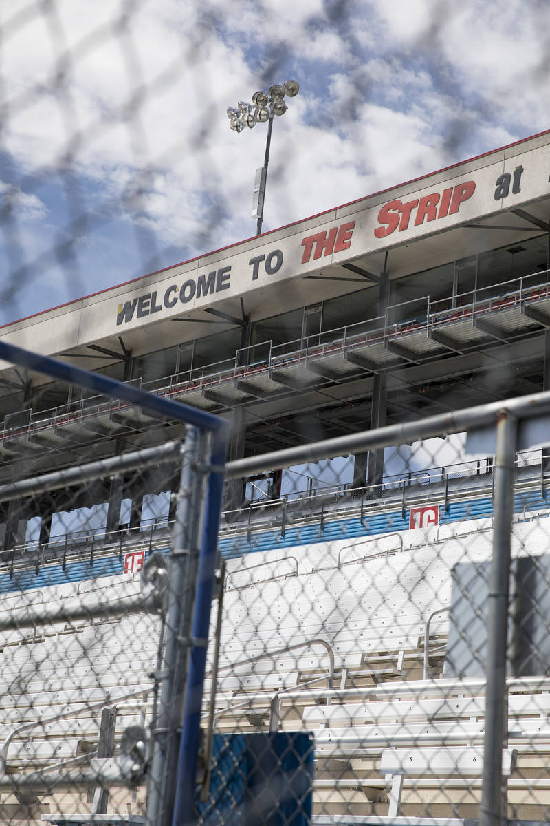 Empty bleachers at The Strip at the Las Vegas Motor Speedway in Las Vegas, Sunday, April 5, 202 ...