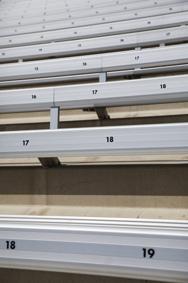 Empty bleachers at The Strip at the Las Vegas Motor Speedway in Las Vegas, Sunday, April 5, 202 ...