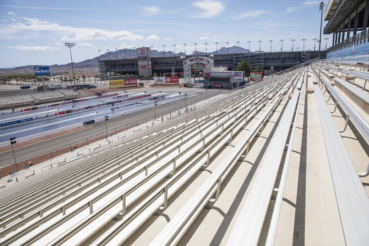 Empty bleachers at The Strip at the Las Vegas Motor Speedway in Las Vegas, Sunday, April 5, 202 ...