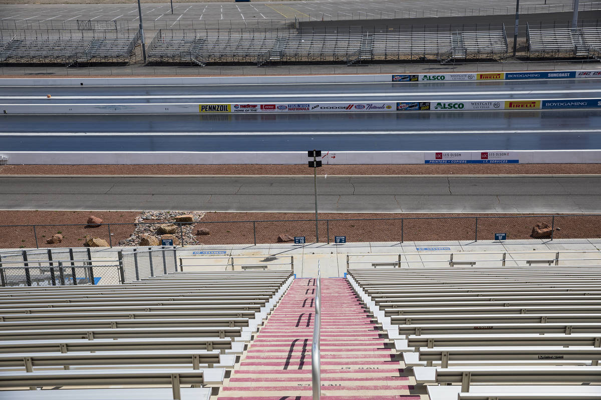 Empty bleachers at The Strip at the Las Vegas Motor Speedway in Las Vegas, Sunday, April 5, 202 ...