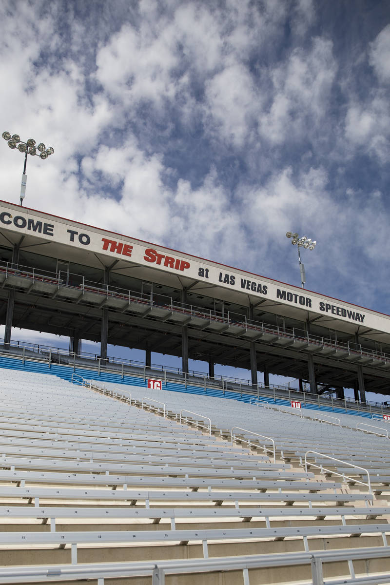 Empty bleachers at The Strip at the Las Vegas Motor Speedway in Las Vegas, Sunday, April 5, 202 ...