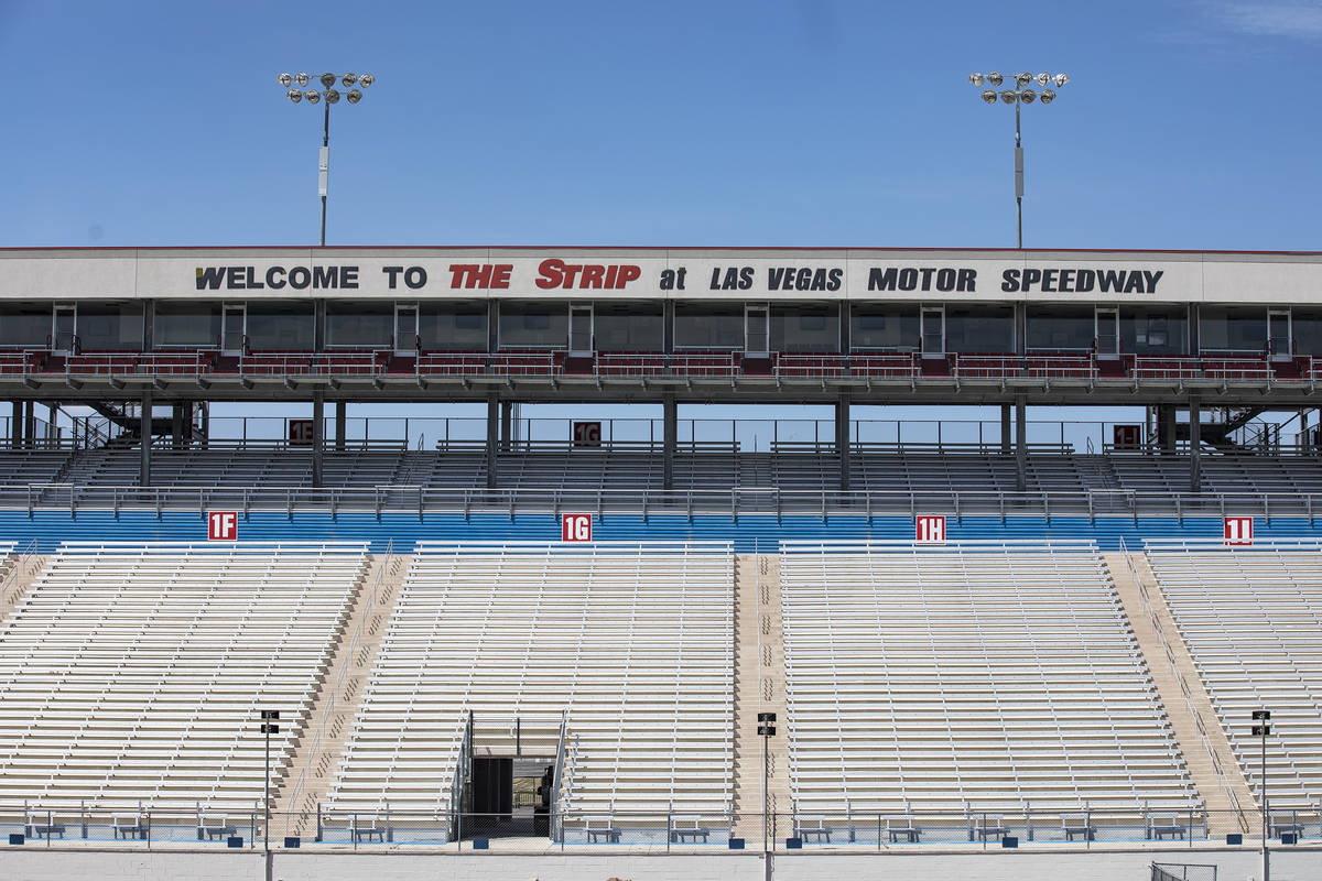 Empty bleachers at The Strip at the Las Vegas Motor Speedway in Las Vegas, Sunday, April 5, 202 ...