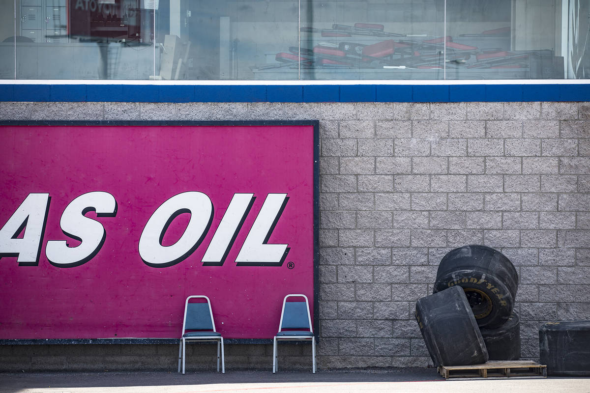 Chairs outside the media tower on The Strip at the Las Vegas Motor Speedway in Las Vegas, Sunda ...